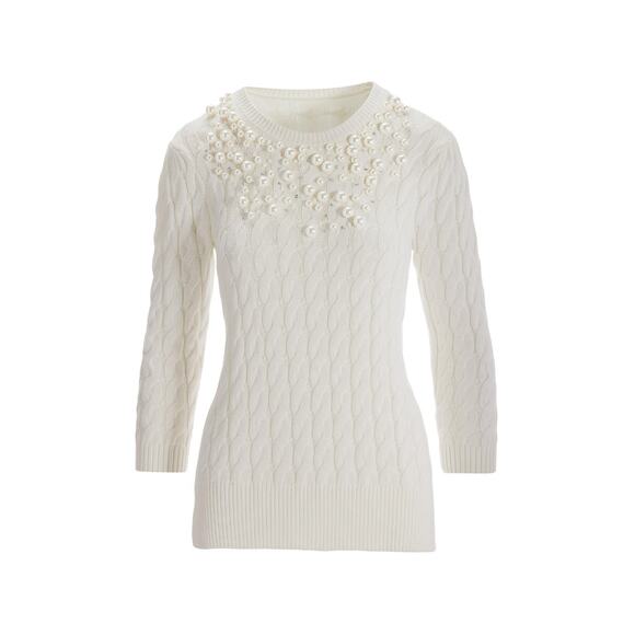 NWT Boston Proper Womens Off White Pearl Embellished Cable Knit Sweater XL (18) - Picture 1 of 3